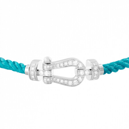 Bracelet FRED Force 10 moyen modèle manille en or blanc, diamants et câble en corderie turquoise