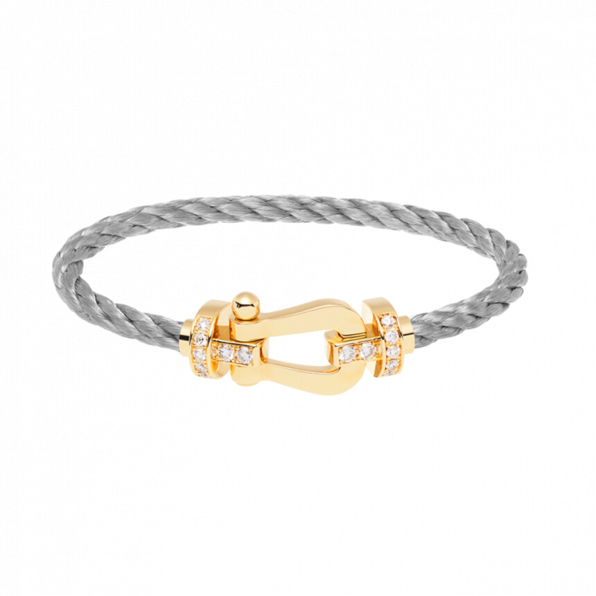 Bracelet FRED Force 10 grand modèle manille en or jaune, 14 diamants et câble en acier