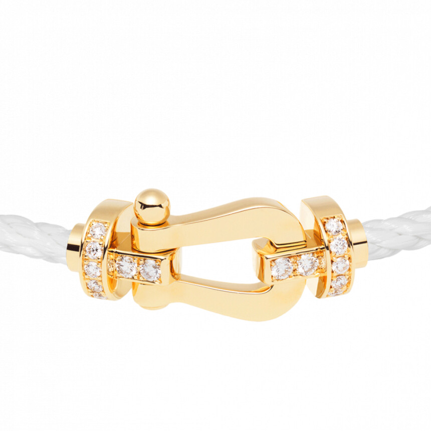 Bracelet FRED Force 10 grand modèle manille en or jaune, 14 diamants et câble en corderie blanche