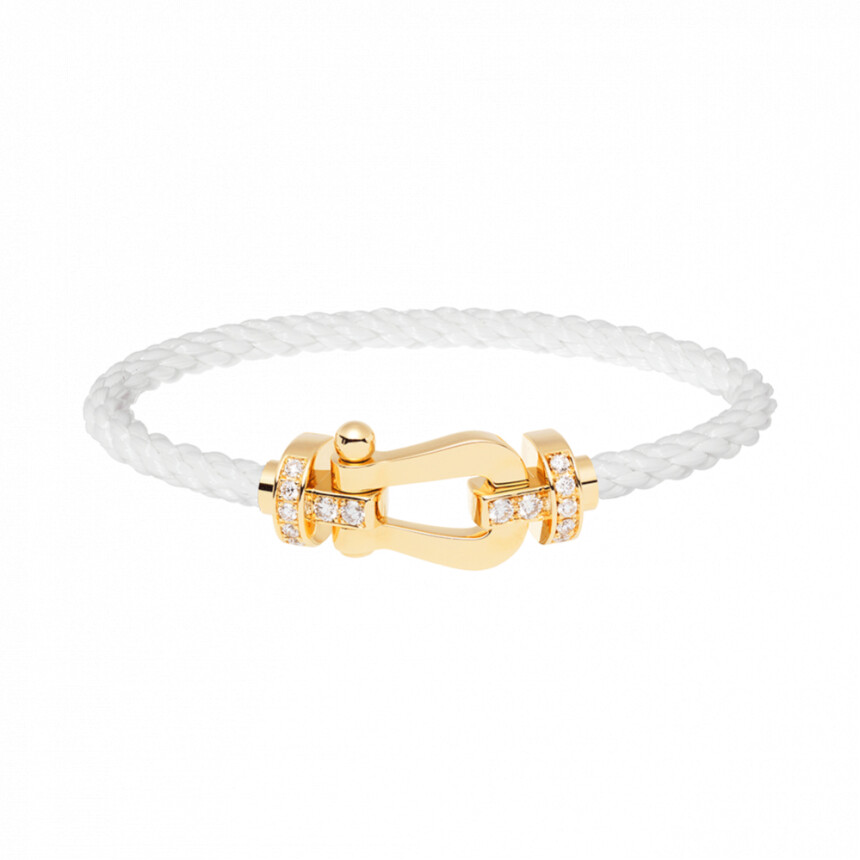 Bracelet FRED Force 10 grand modèle manille en or jaune, 14 diamants et câble en corderie blanche
