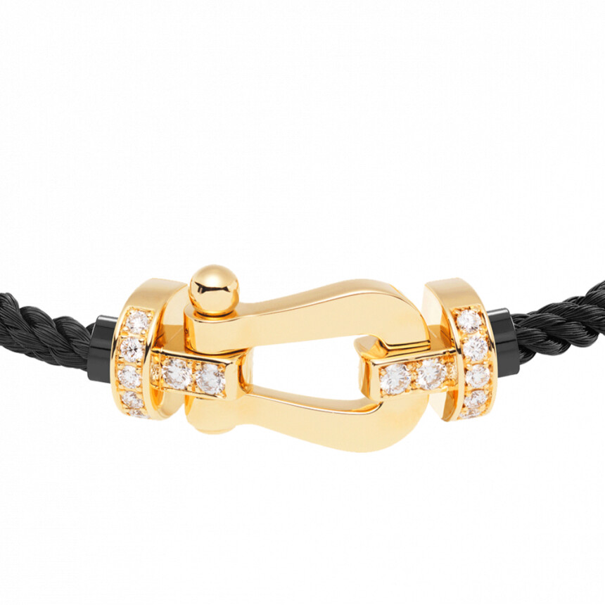 Bracelet FRED Force 10 grand modèle manille en or jaune, 14 diamants et câble en corderie noir