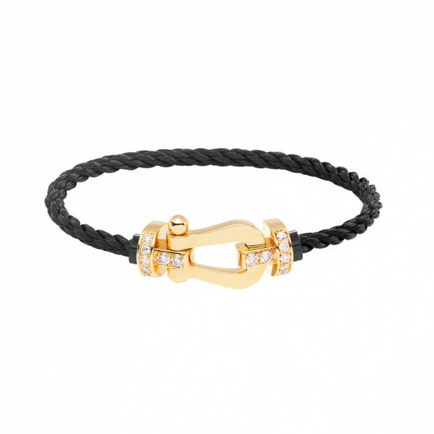 Bracelet FRED Force 10 grand modèle manille en or jaune, 14 diamants et câble en corderie noir