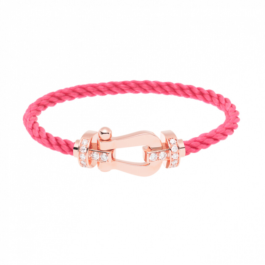 Bracelet FRED Force 10 grand modèle manille en or rose, diamants et câble corderie bois de rose