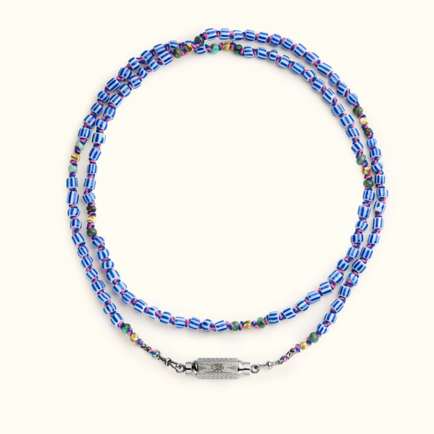 Collier Marie Lichtenberg Mauli Perles Ghana blanc et bleu & Baby locket or noir