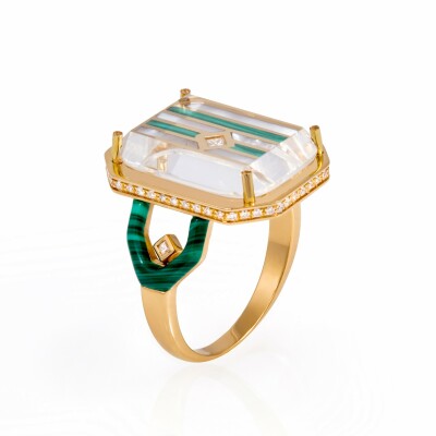 Bague Atelier Nawbar Lock'In en or jaune, diamants, malachite et nacre