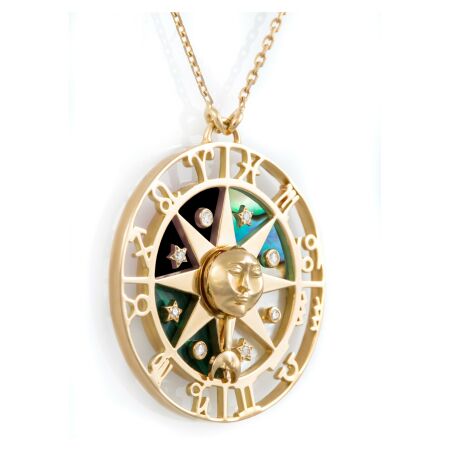 Pendentif Atelier Nawbar Zhodiac Wheel en or jaune, diamants, coquillage, malachite, onyx et nacre