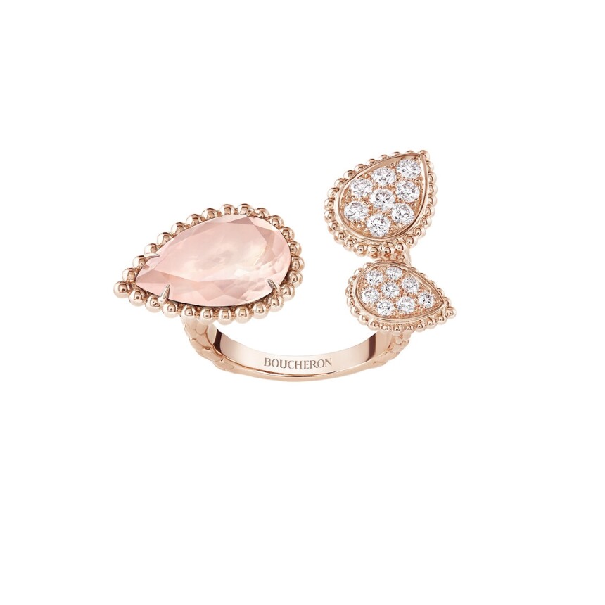 Boucheron Serpent Bohème pink quartz ring, 3 patterns in pink gold, diamonds and pink quartz