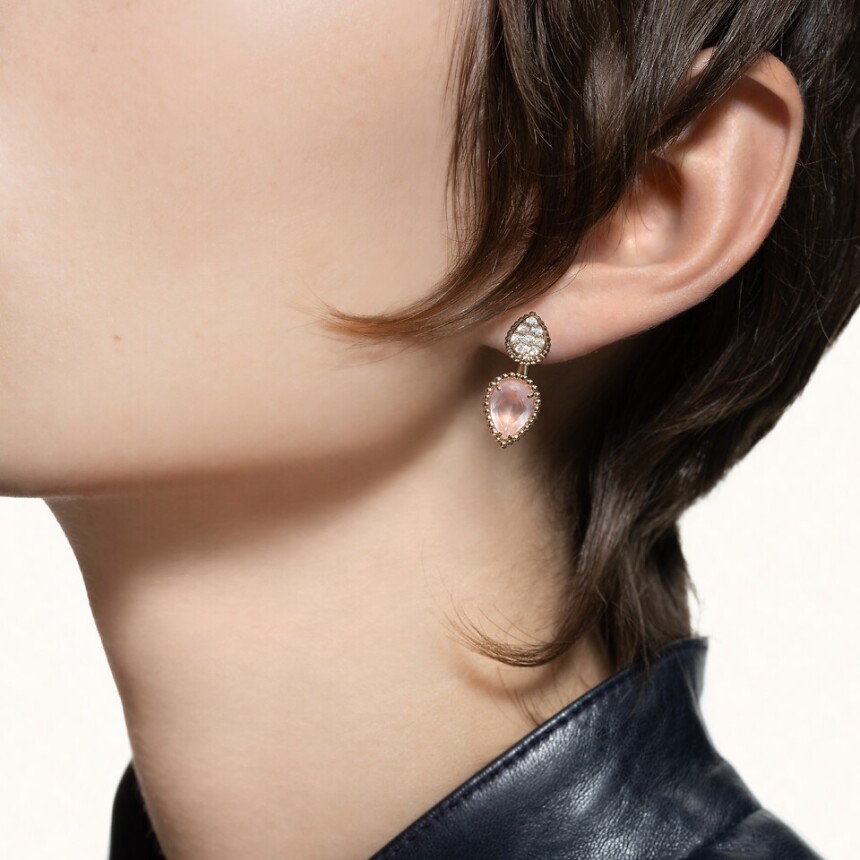 Serpent Bohème pink quartz single earring, S and XS motifs, pink gold, diamonds and pink quartz