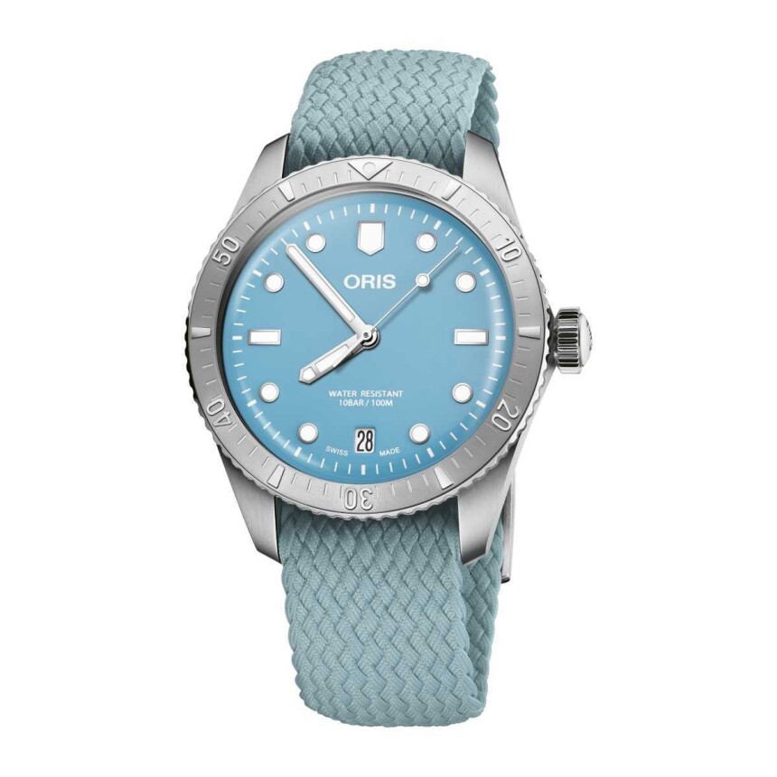 Oris Divers SIXTY-FIVE watch on blue fabric