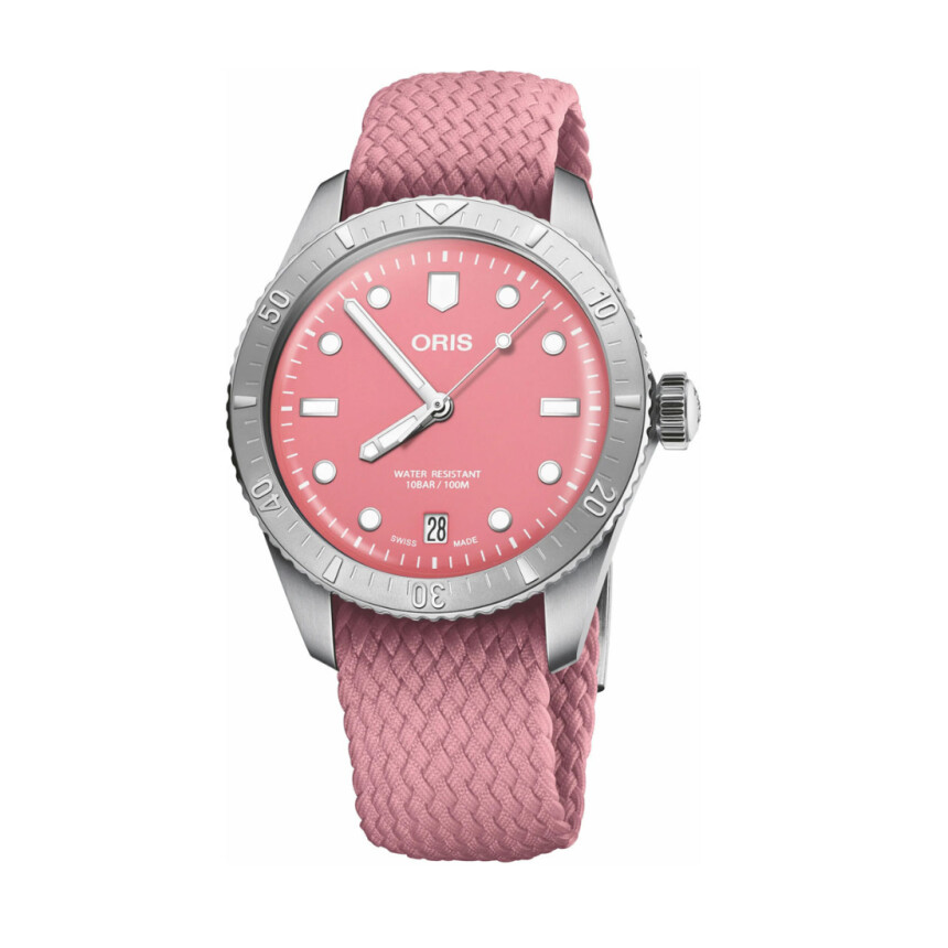 Oris Divers SIXTY-FIVE watch on pink fabric