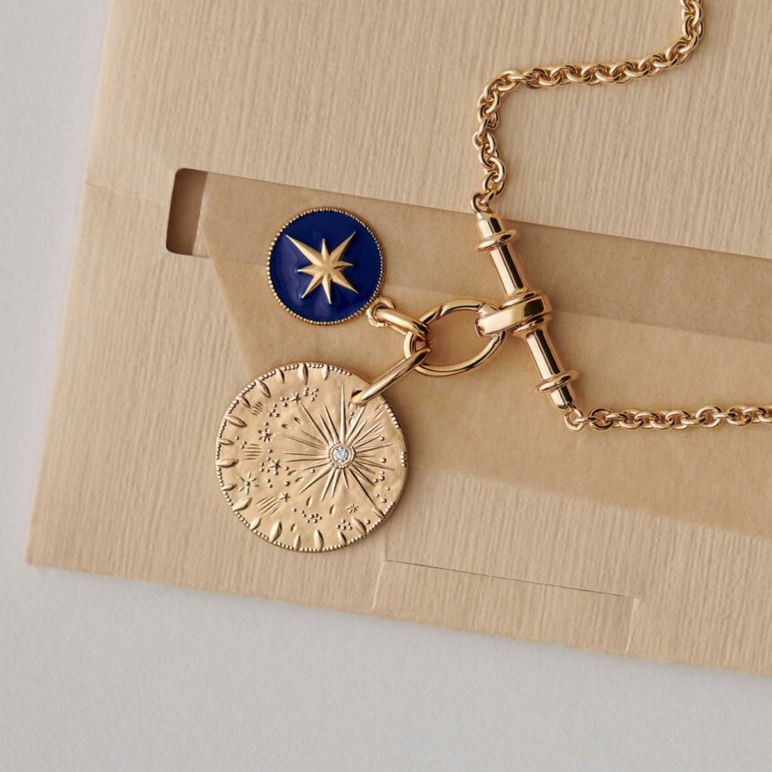 Arthus Bertrand Composition rain of stars and navy blue star necklace in yellow gold and diamond
