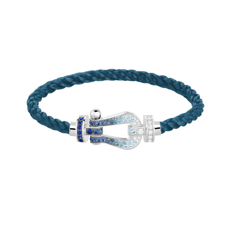 Bracelet Fred Force 10 Manille Grand Modèle en or blanc, diamants, saphirs, topazes et aigue-marines sur corderie bleue riviera