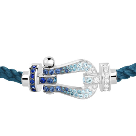 Bracelet Fred Force 10 Manille Grand Modèle en or blanc, diamants, saphirs, topazes et aigue-marines sur corderie bleue riviera