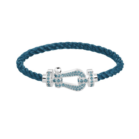 Bracelet Fred Force 10 Manille Grand Modèle en or blanc et topazes sur corderie bleue riviera