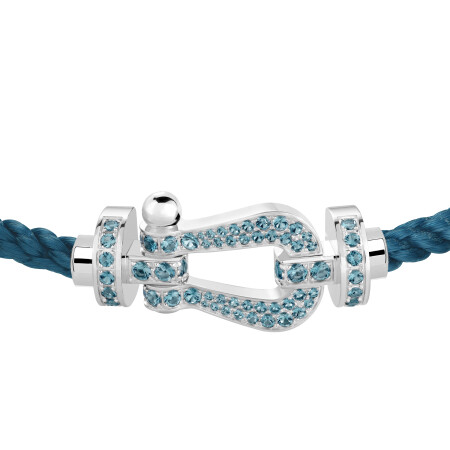 Bracelet Fred Force 10 Manille Grand Modèle en or blanc et topazes sur corderie bleue riviera