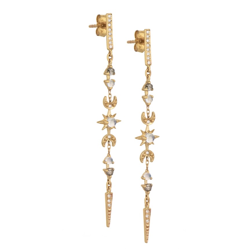 Celine Daoust Moon & Sun Earrings in yellow gold, diamonds and moonstones