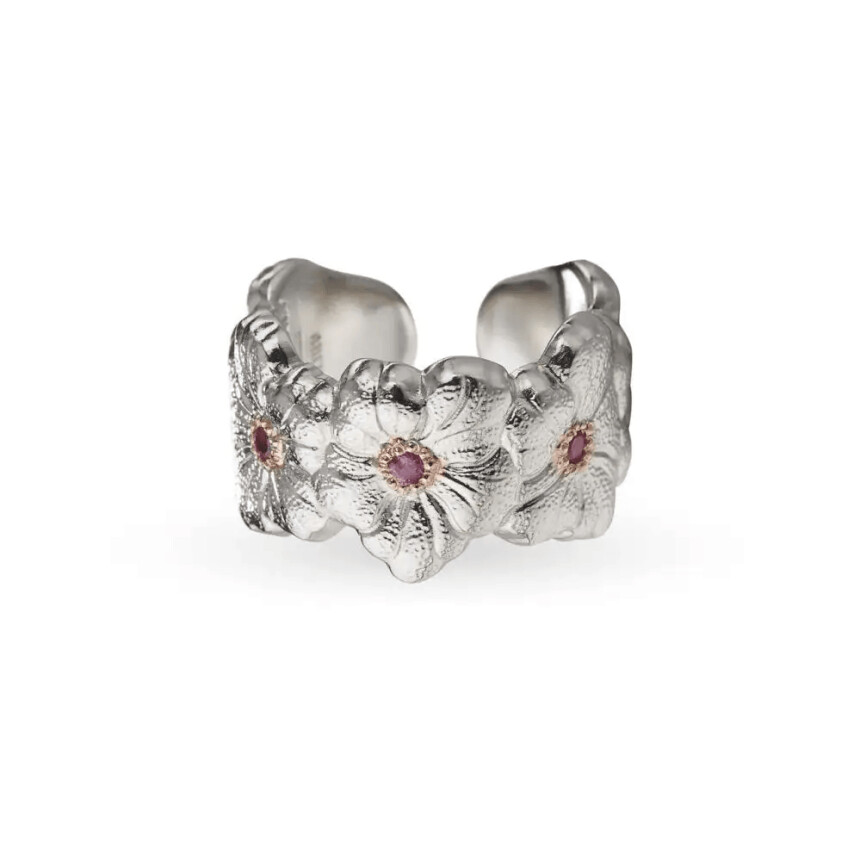 Buccellati Eternelle Blossoms Gardenia ring in silver and pink sapphire