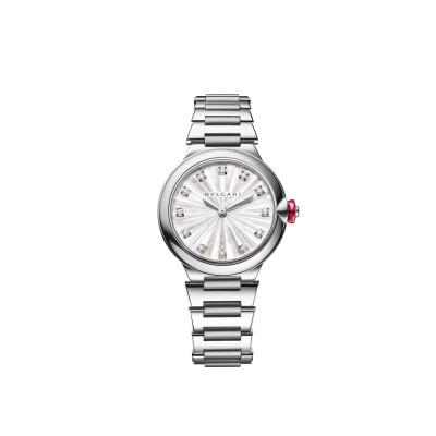 Montre Bulgari LVCEA cadran en nacre blanche et diamants 33mm, bracelet en acier