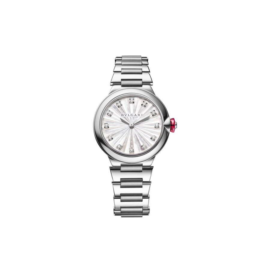 Bulgari LVCEA watch white mother-of-pearl and diamond dial 33mm, steel bracelet