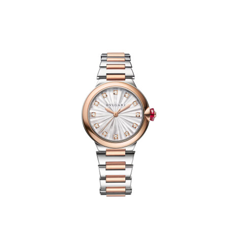 Montre Bulgari LVCEA cadran en nacre blanche et diamant 33mm, bracelet en or rose et acier