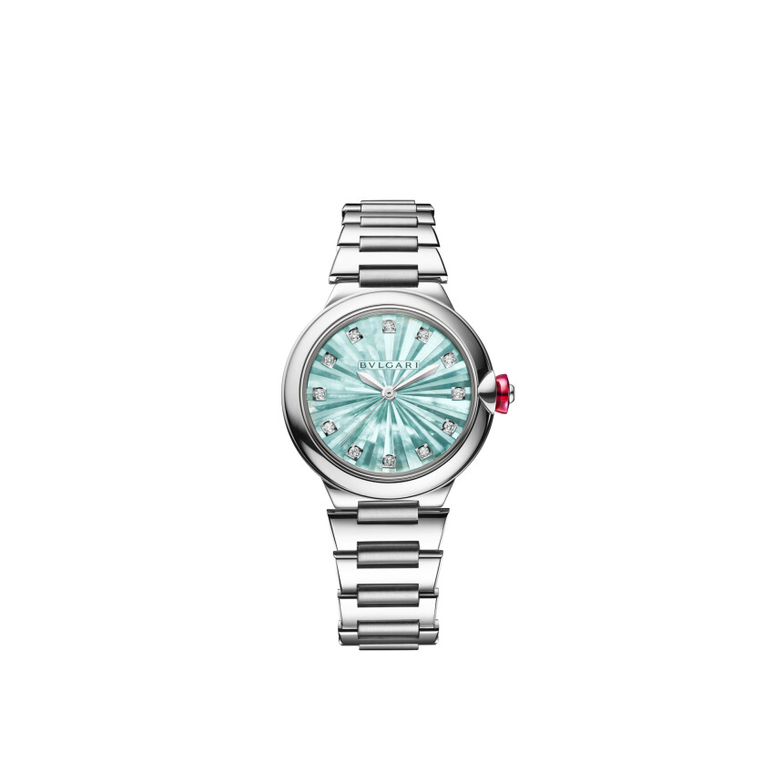 Bulgari LVCEA watch 33m dial in green mother-of-pearl and diamonds, steel bracelet