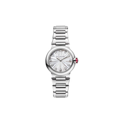 Montre Bulgari LVCEA cadran en nacre blanche et diamants 28mm, bracelet en acier