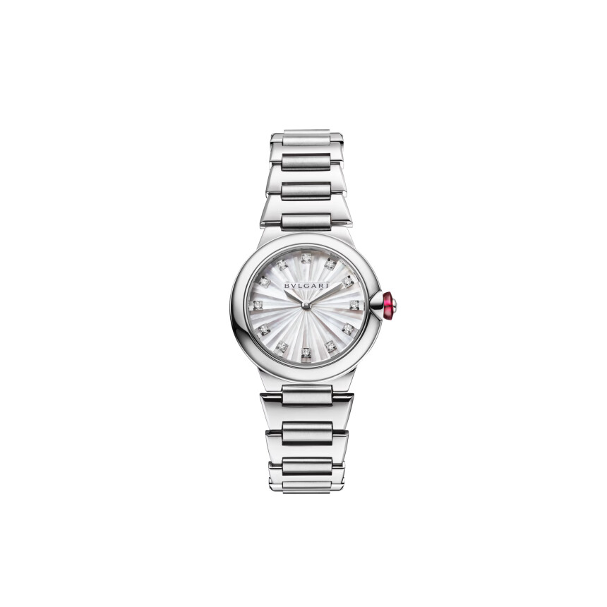 Bulgari LVCEA watch white mother-of-pearl and diamond dial 28mm, steel bracelet
