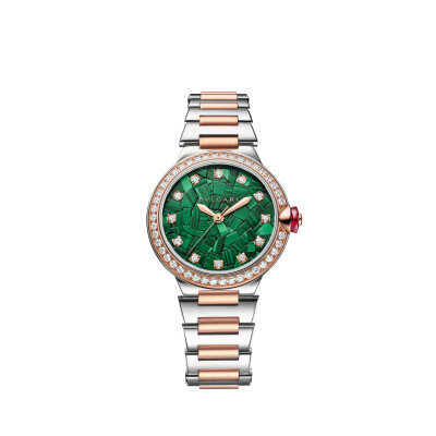 Montre Bulgari LVCEA cadran en malachite et diamant 33mm, bracelet en or rose et acier