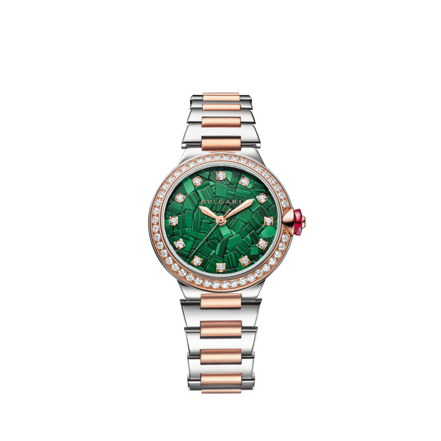 Bulgari LVCEA watch malachite and diamond dial 33mm, rose gold and steel bracelet