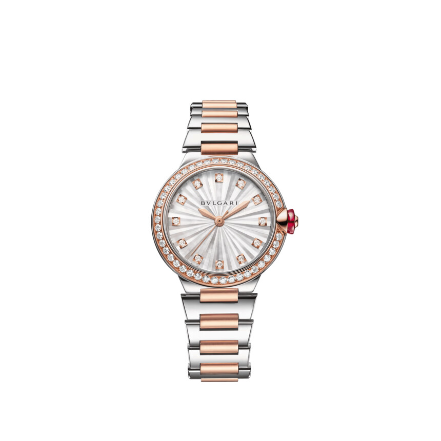 Montre Bulgari LVCEA cadran en nacre blanche et diamant 33mm, bracelet en or rose et acier