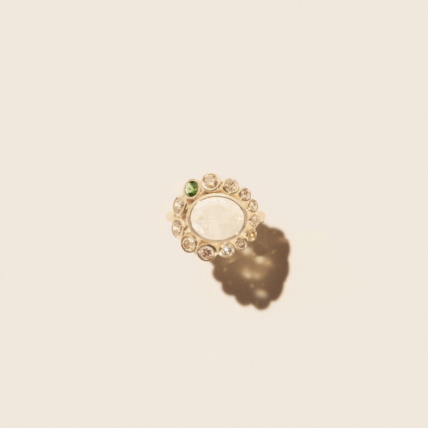 Pascale Monvoisin Jasmine in yellow gold,  moonstone, green tourmaline and diamonds ring