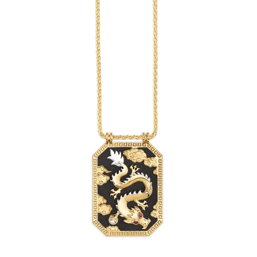 Marie Lichtenberg Ebony Dragon scapular in yellow gold, pearl, ruby and ebony