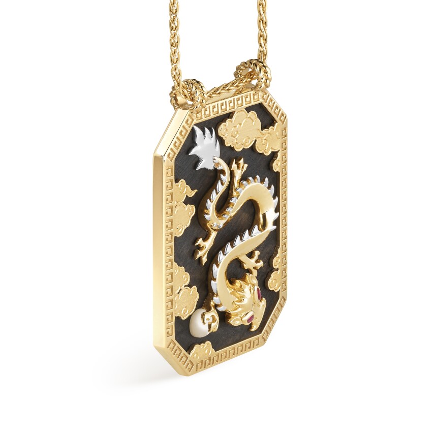 Marie Lichtenberg Ebony Dragon scapular in yellow gold, pearl, ruby and ebony