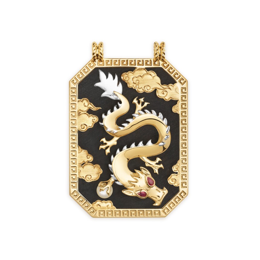 Marie Lichtenberg Ebony Dragon scapular in yellow gold, pearl, ruby and ebony