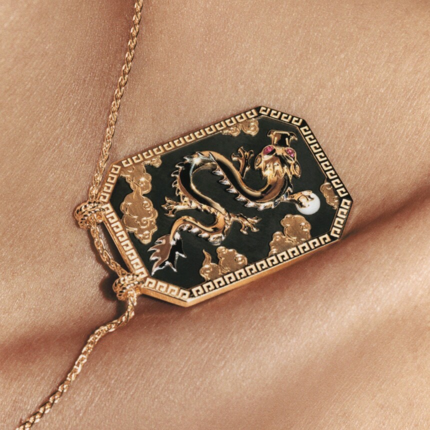 Marie Lichtenberg Ebony Dragon scapular in yellow gold, pearl, ruby and ebony