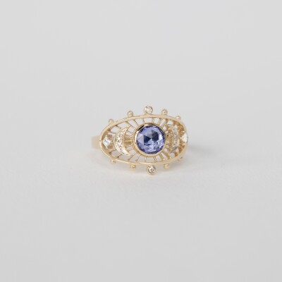 Céline Daoust Dream Maker Eye Ring in yellow gold with diamonds and Tanzanite