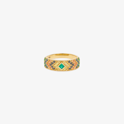 Bague Sophie d'Agon Ani 3 Verte en or jaune , saphirs jaunes, saphirs cognacs, saphir blues, diamants noirs et émeraudes