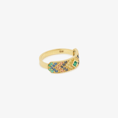 Bague Sophie d'Agon Ani 3 Verte en or jaune , saphirs jaunes, saphirs cognacs, saphir blues, diamants noirs et émeraudes