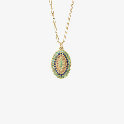 Collier Sophie d'Agon Ani 2 Vert en or jaune, emeraudes, saphirs bleus, saphirs cognacs et saphirs jaunes