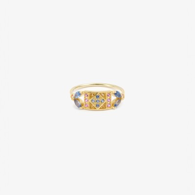 Bague Sophie d'Agon Ava 2 Bleu en or jaune,  saphirs bleu clair, saphirs jaunes et saphirs roses