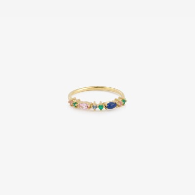 Bague Sophie d'Agon Gaia 2 Majorelle en or jaune, lapis-lazuli , saphirs roses, saphir bleu ciel et émeraudes