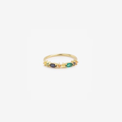 Bague Sophie d'Agon Gaia 2 Verte en or jaune, saphirs jaunes, saphirs cognac , saphirs bleu marine et émeraudes