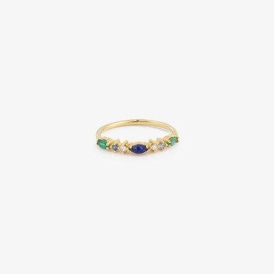 Bague Sophie d'Agon Gaia 3 Majorelle en or jaune, lapis-lazuli , émeraudes, diamants « salt and pepper » et saphirs bleu ciel