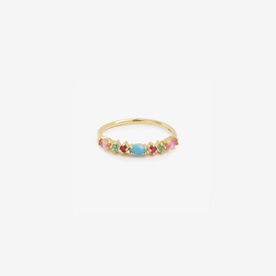 Bague Sophie d'Agon Gaia 3 Turquoise en or jaune, émeraudes, saphirs roses, turquoise et rubis