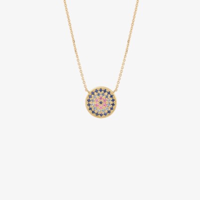 Sophie d'Agon Yellowstone 1 Bleu necklace in yellow gold, navy blue sapphires, sky blue sapphires, pink sapphires and rubies