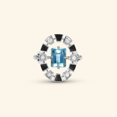 Bague Rouvenat Frame en or blanc, ceramique noire, diamants (0,21ct) et aigue-marine (1,82cts)