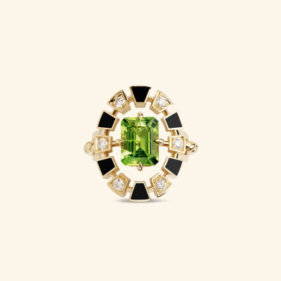 Bague Rouvenat Frame en or jaune, ceramique noire, diamants (0,21ct) et peridot (4,03cts)