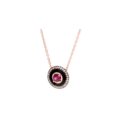 Collier Selim Mouzannar Mina en or rose, émail noir, rhodolite et diamants