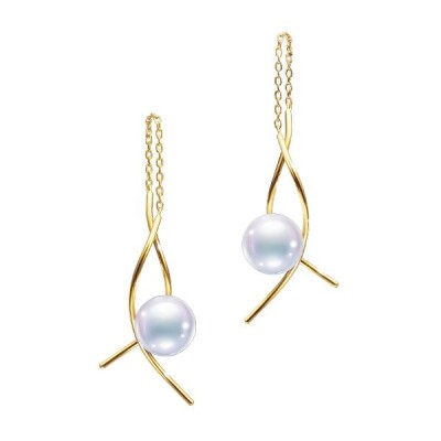 Boucles d'oreilles pendante Tasaki Balance or jaune, et perles d'akoya