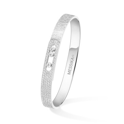 Bracelet bangle Messika Move Noa ciselé semi pavé en or blanc et diamants
